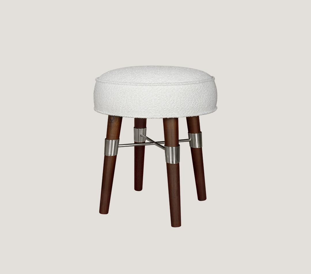 Louis Stool upholstered in a fabric featuring the new Pantone 2026 color Cloud Dancer, supported by smoked walnut wood legs.