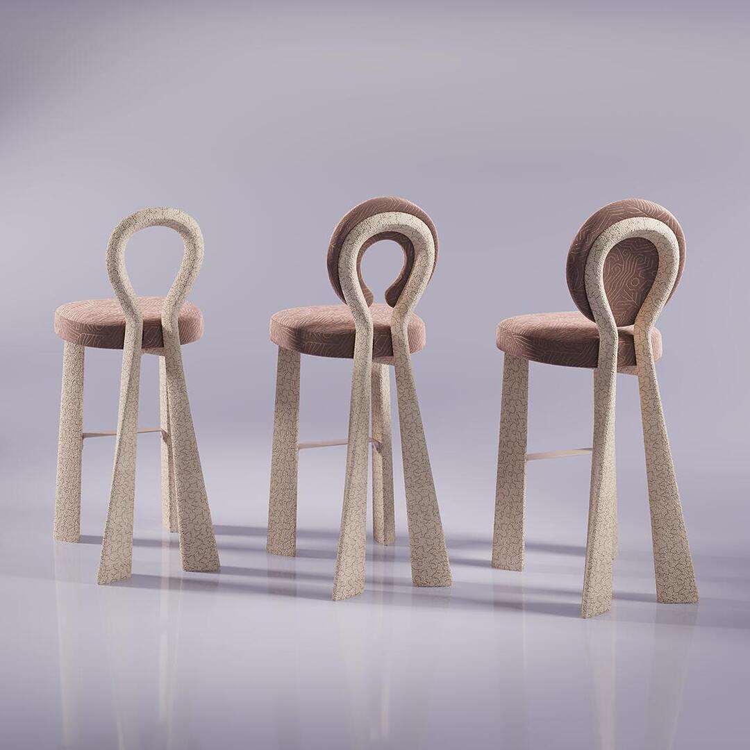 Rear view of three Mary Bar Chairs arranged in a row, emphasizing the elegant, tapering lines of the back legs. The shot highlights the different rear profiles of the sculptural backrest options, from the solid upholstered circle to the open, loop-style frame.