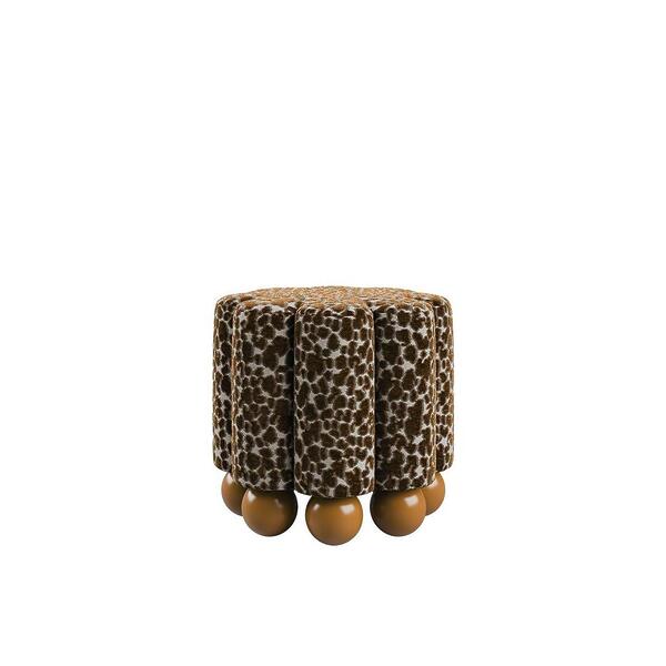 Front view of the Myrna Stool featuring a series of tailored vertical tubes upholstered in Misia Niki patterned velvet, supported by a base of solid lacquered wood spheres.