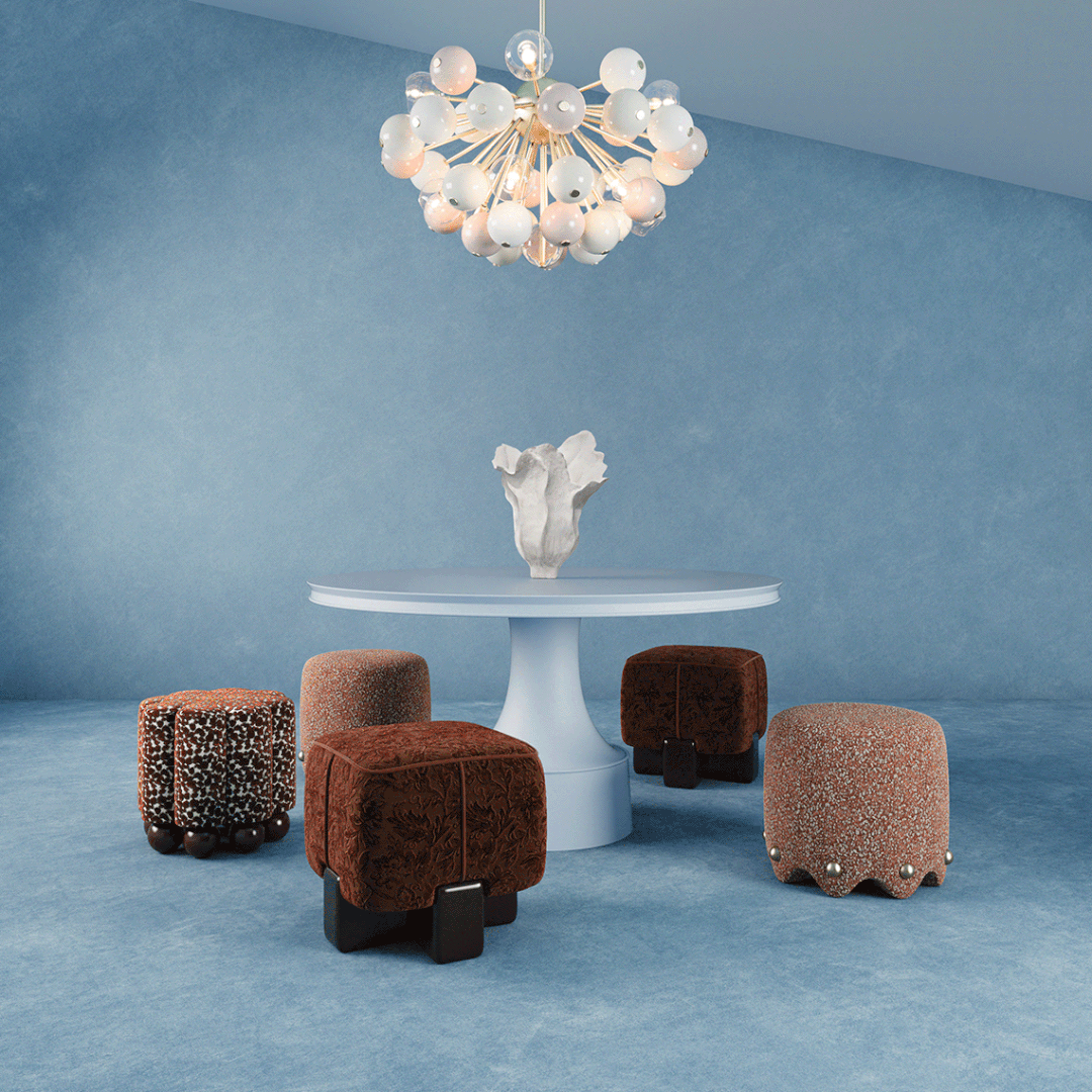 Interior with Bette Stool, Myra stool and Pola stool next to Buck Dining Table with Berries suspension lamp on top.