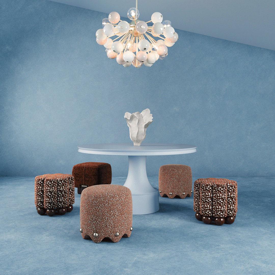 Interior with Pola Stool, Myra stool and Bette stool next to Buck Dining Table with Berries suspension lamp on top.