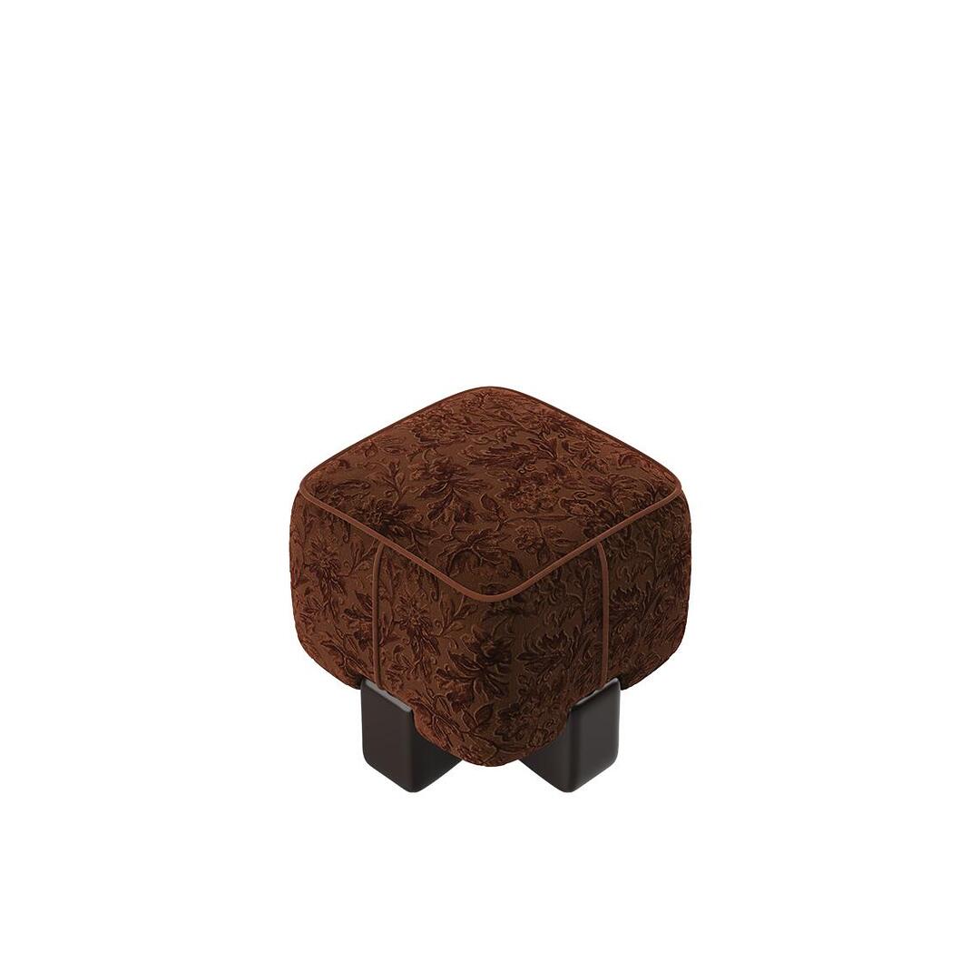 A high-angle perspective of the Pola Stool in terracotta velvet, highlighting the plush square cushioning and the continuous flow of the grand botanical pattern.