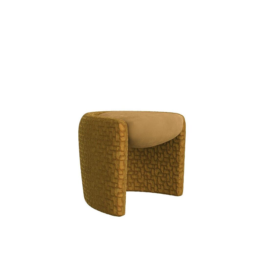 Three-quarter view of the Grace Stool by Ottiu in an ochre-gold color, featuring a smooth, rounded suede seat cushion nested inside a curved, semi-circular frame upholstered in a geometric patterned velvet fabric.