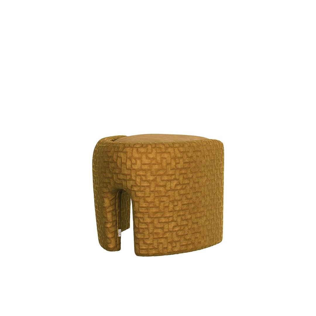 Rear three-quarter view of the ochre-gold Grace Stool by Ottiu, showcasing the seamless flow of the textured velvet upholstery and a small cutout detail near the base of the curved outer structure.