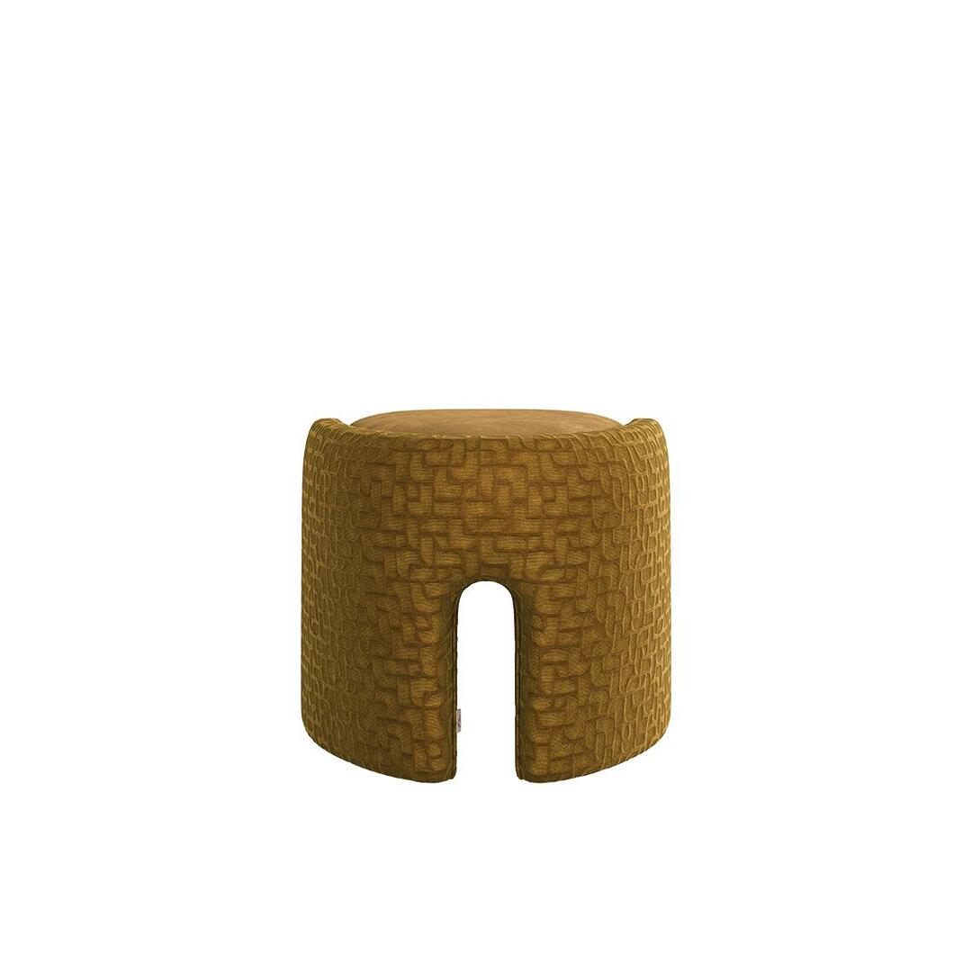 Direct back view of the ochre-gold Grace Stool by Ottiu, highlighting its continuous curved structure upholstered in textured geometric velvet, interrupted by a smooth, arched cutout at the bottom center.