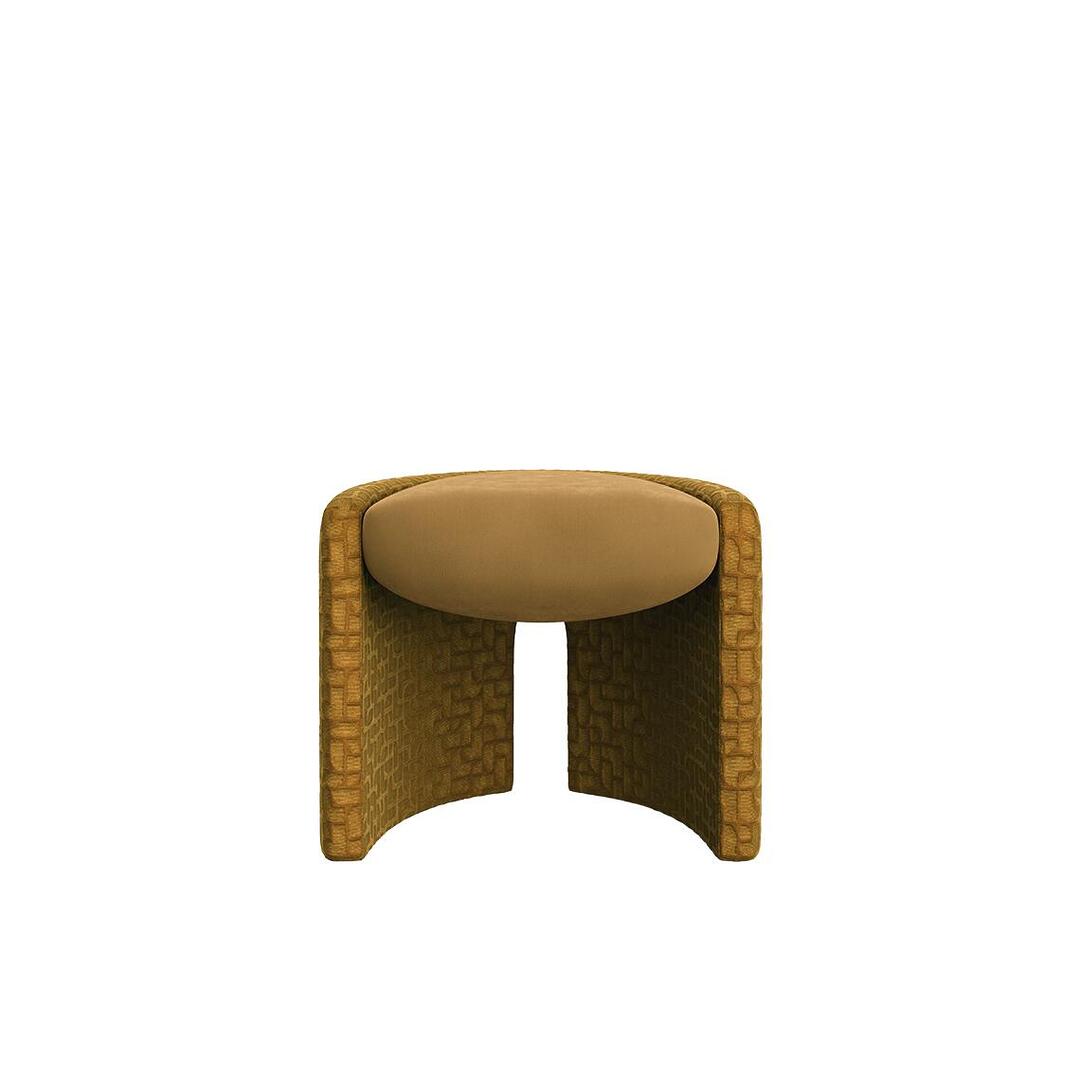 Front view of the ochre-gold Grace Stool by Ottiu, showcasing the plush, rounded suede seat cushion cradled within the textured velvet side panels that form the legs.