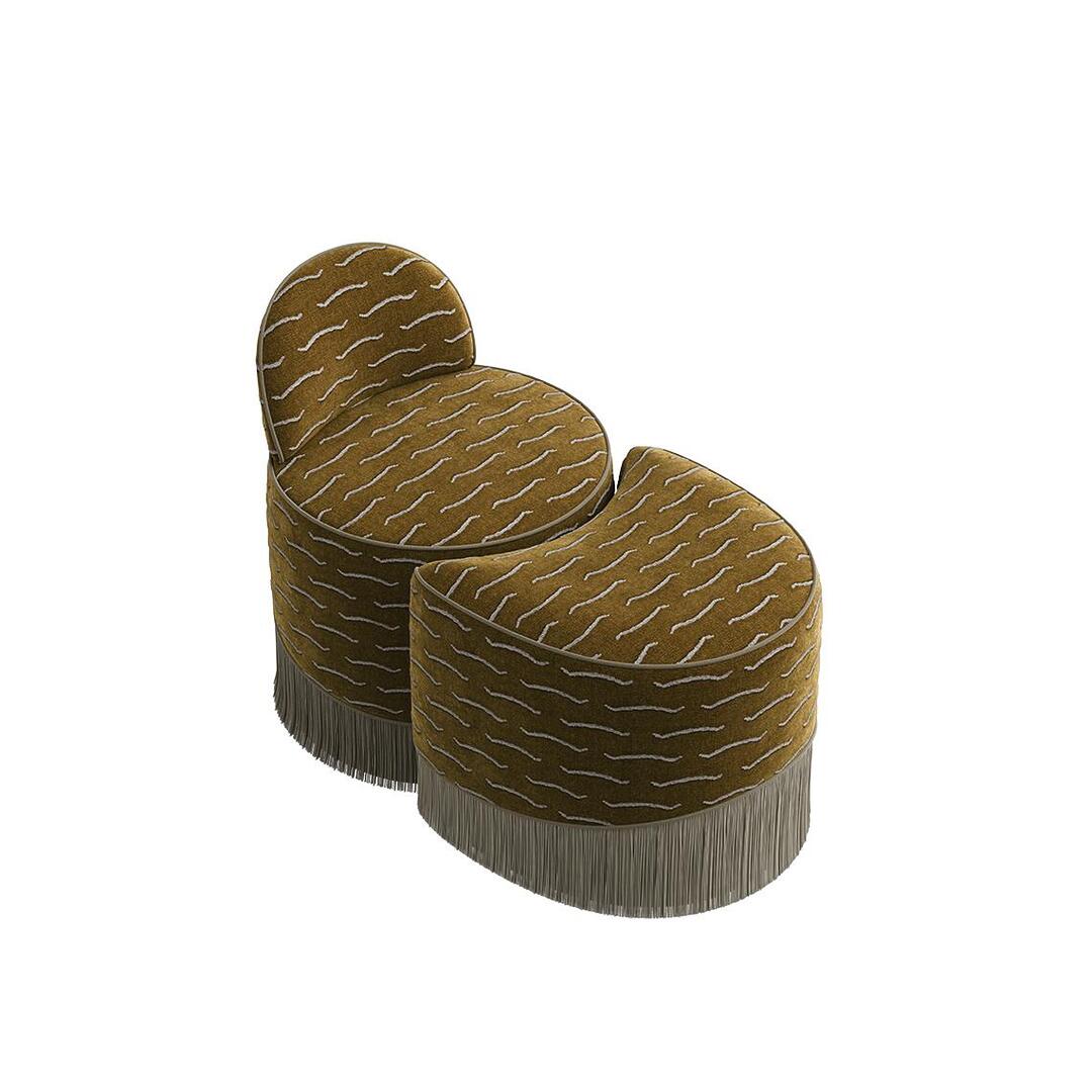 A high-angle, top-down view looking down at the Lila Stool by Ottiu. The perspective highlights the modular, nested relationship between the two pieces, showcasing the rounded seat with the backrest and the curved, interlocking crescent shape of the detached front ottoman.