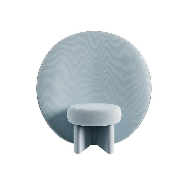 Front view of the Solène Armchair in light ice-blue velvet, featuring a small round upholstered seat supported by two thick, geometric upholstered legs. The oversized, perfectly circular backrest features a textured Moiré Libre fabric with subtle wavy, water-like patterns.