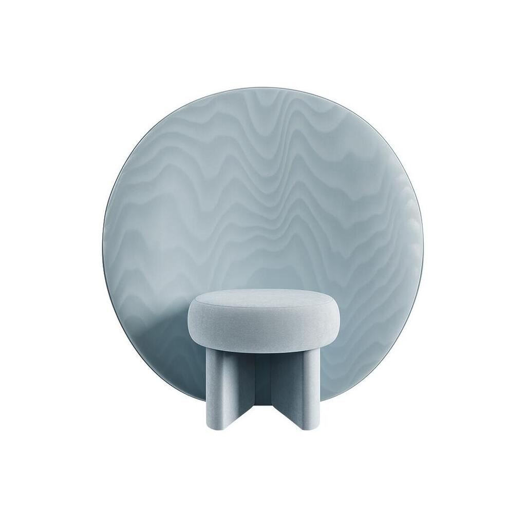 Front view of the Solène Armchair in light ice-blue velvet, featuring a small round upholstered seat supported by two thick, geometric upholstered legs. The oversized, perfectly circular backrest features a textured Moiré Libre fabric with subtle wavy, water-like patterns.