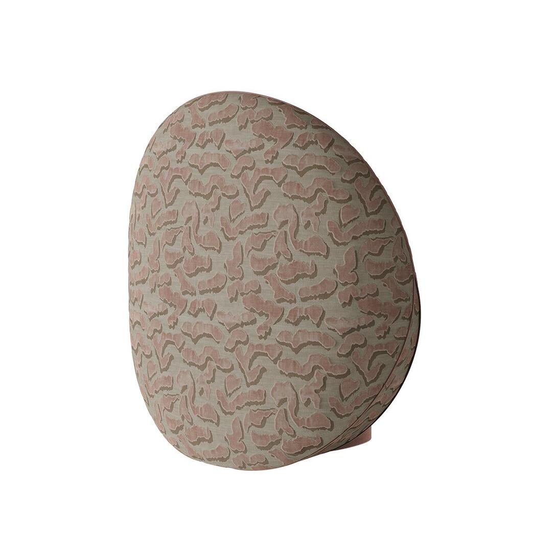 Three-quarter rear view of the Solène Armchair by Ottiu, focusing on the expansive backside of the large circular panel. The entire surface is wrapped smoothly in a luxurious Velvet Jacquard with a fluid, wave-like abstract pattern in dusty pink and beige.