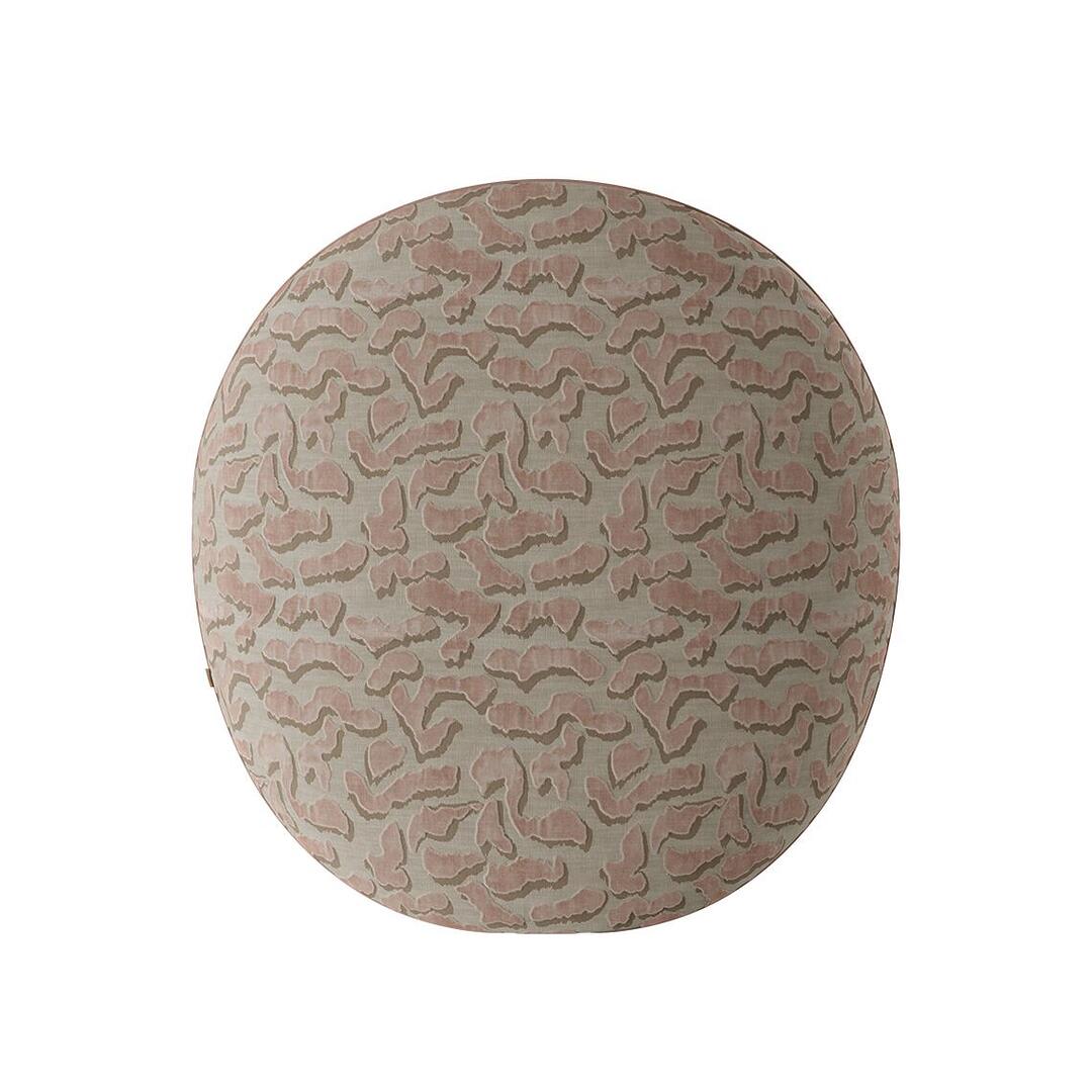 Direct back view of the Solène Armchair by Ottiu, showcasing the perfectly circular geometry of the large screen panel. The surface is completely covered in a Velvet Jacquard patterned textile with rippled, organic shapes in rose pink and sandy beige.