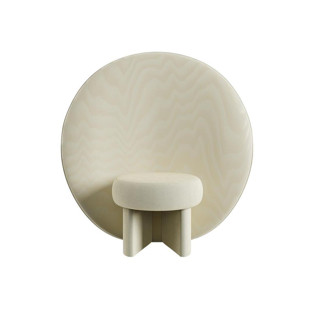 Front view of the Solène Armchair in a warm cream or ivory tone. The compact, circular velvet seat is centered against a massive, matching circular backrest upholstered in Moiré Libre fabric with an elegant wavy pattern.